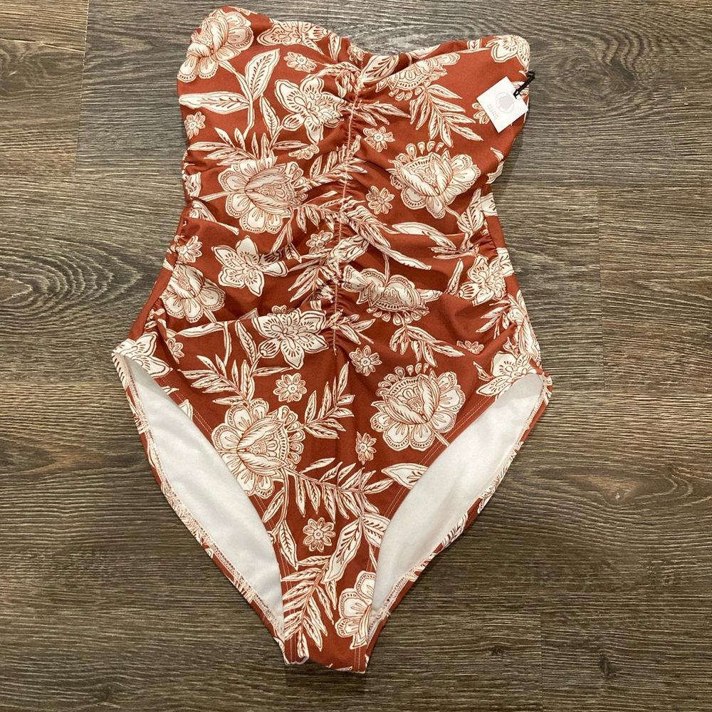 NWT Shade & Shore Floral One-Piece Swimsuit in Brown and Cream